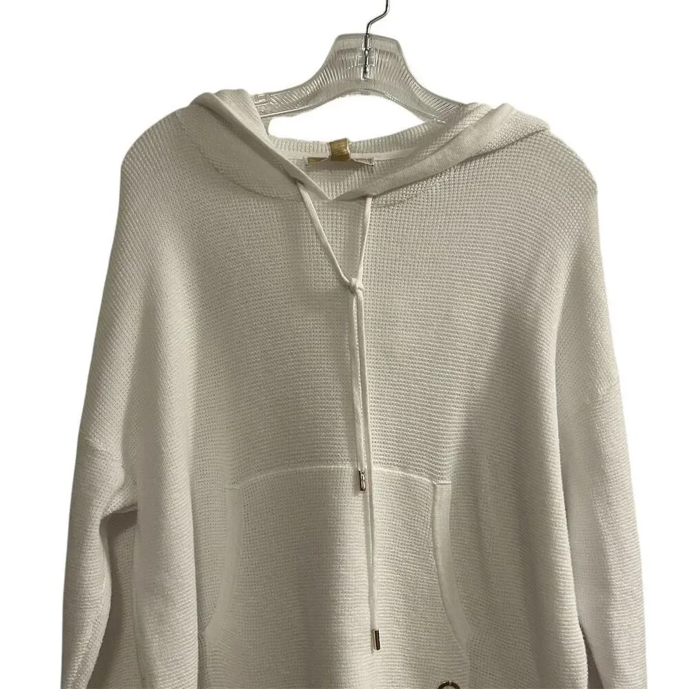 Michael Kors Women's White Ribbed Hoodie Sweater Size M‎ Pullover